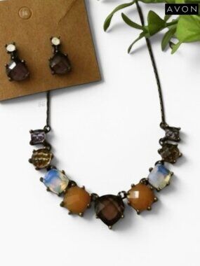 Vtg 80s AVON Bronze Rhinestone Necklace & Earrings Set – Smoky Quartz Amber